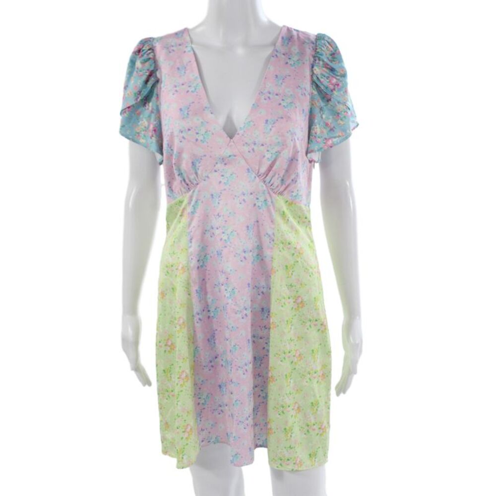 Love Shack Fancy Women A-Line Mini Dress Light Blue Floral V-Neck Size 10